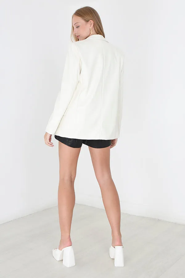 WHITE / LIGHT LEMON FAUX LEATHER BLAZER