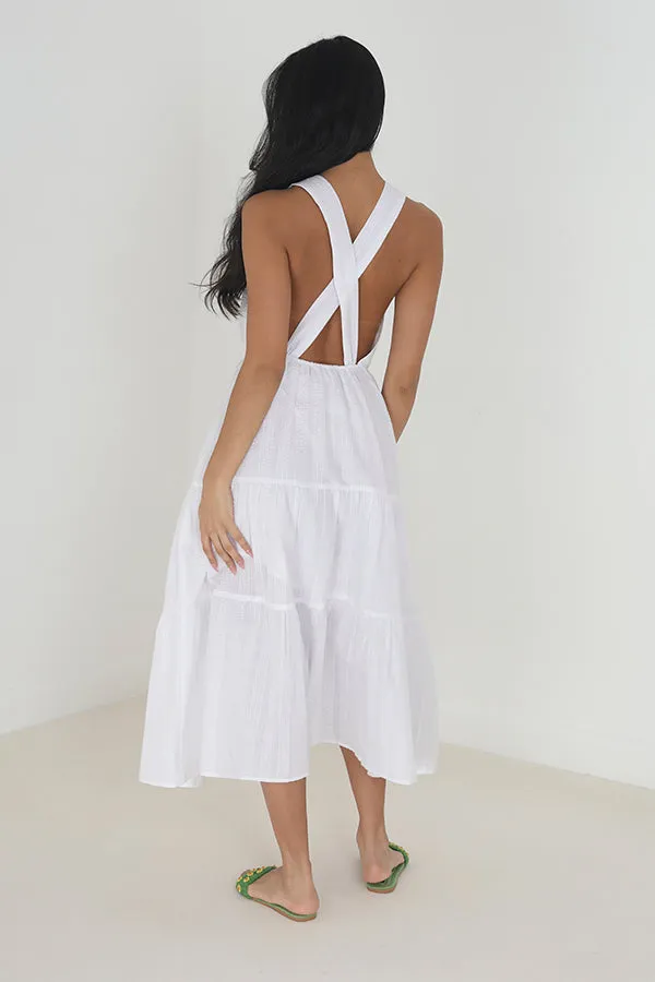 WHITE SLEEVELESS TIERED LONG DRESS