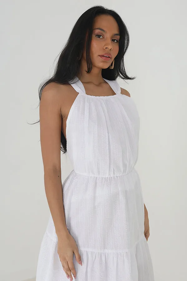 WHITE SLEEVELESS TIERED LONG DRESS