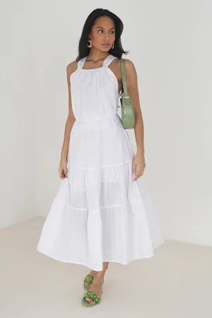 WHITE SLEEVELESS TIERED LONG DRESS