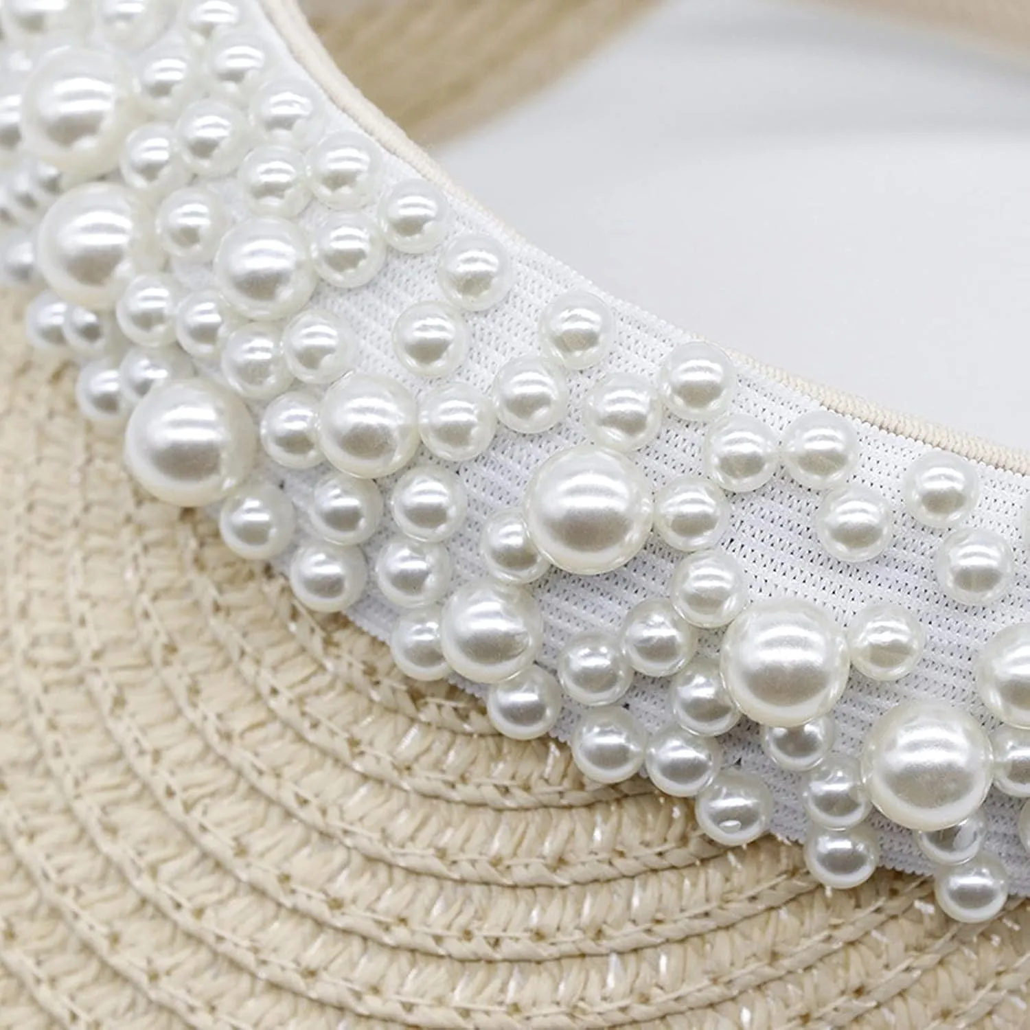 Wide Brim Pearls Stra Sun Hat for Women Foldable Stra Sun Visor Hats Adjustable Summer Beach Hat