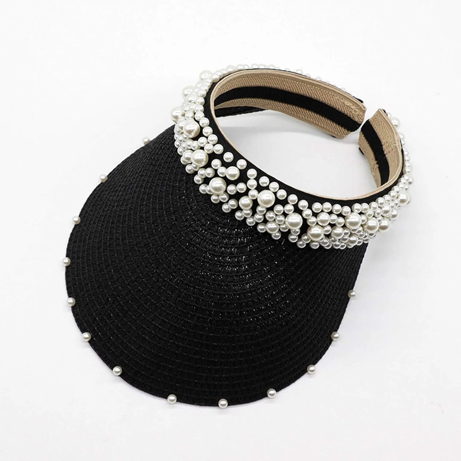 Wide Brim Pearls Stra Sun Hat for Women Foldable Stra Sun Visor Hats Adjustable Summer Beach Hat