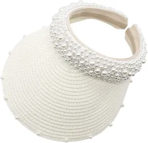 Wide Brim Pearls Stra Sun Hat for Women Foldable Stra Sun Visor Hats Adjustable Summer Beach Hat