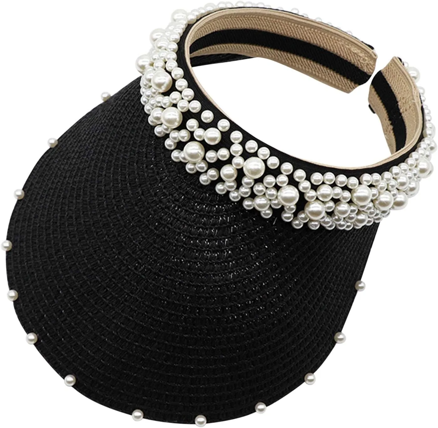 Wide Brim Pearls Stra Sun Hat for Women Foldable Stra Sun Visor Hats Adjustable Summer Beach Hat