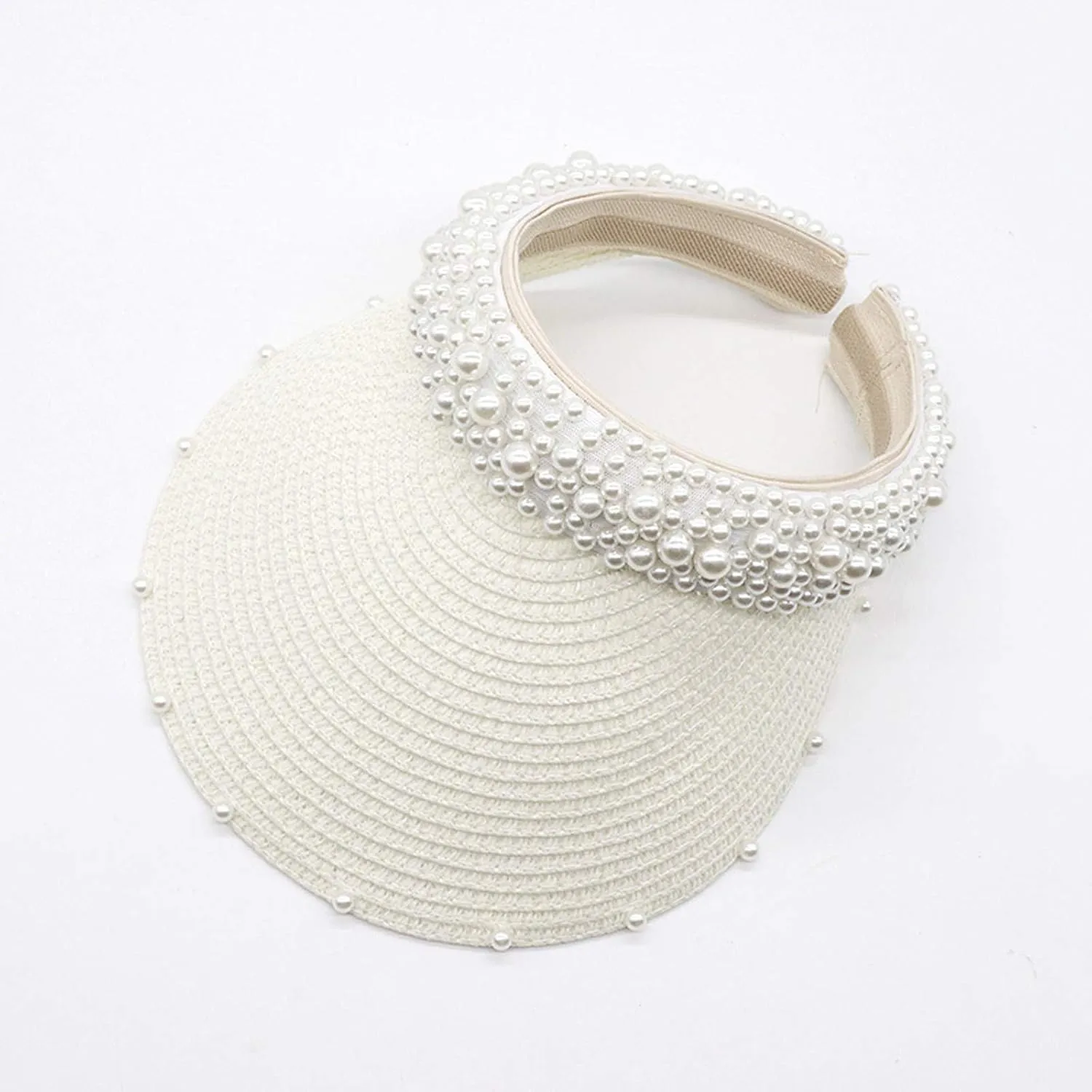 Wide Brim Pearls Stra Sun Hat for Women Foldable Stra Sun Visor Hats Adjustable Summer Beach Hat
