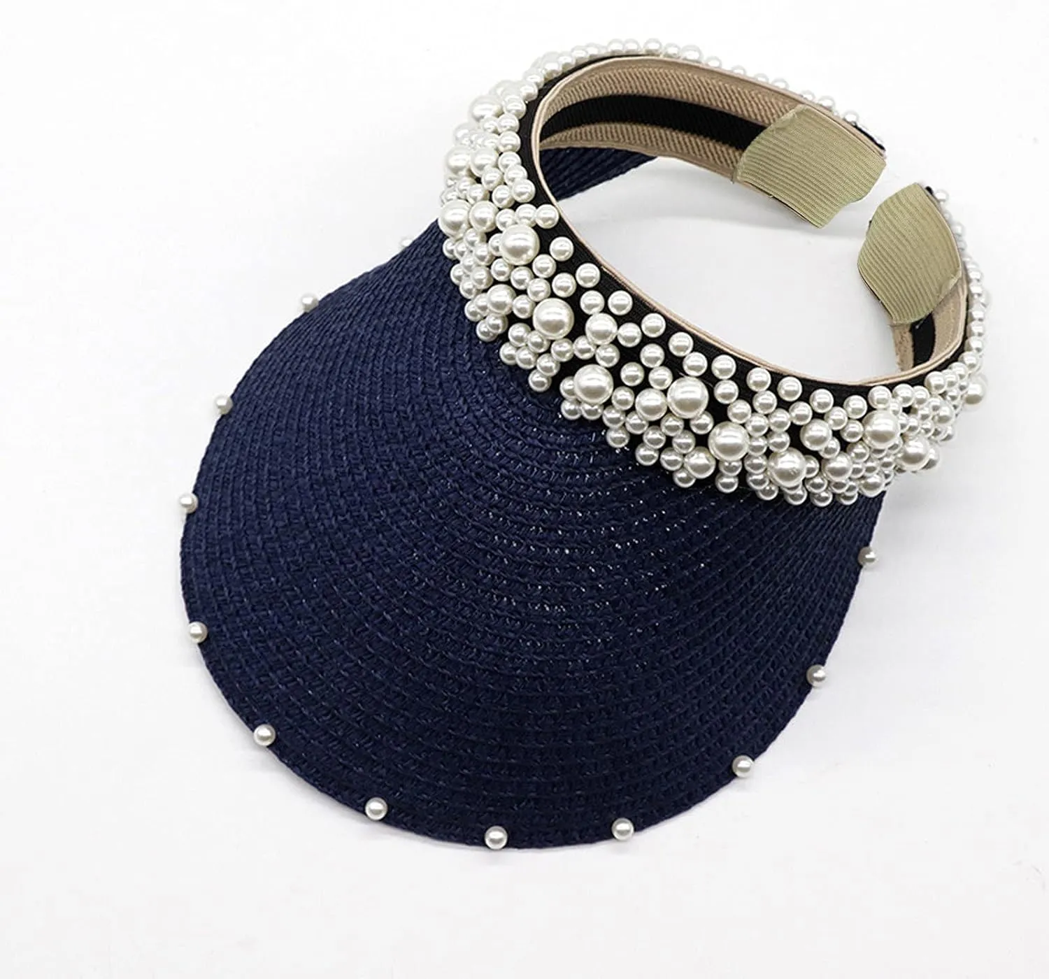 Wide Brim Pearls Stra Sun Hat for Women Foldable Stra Sun Visor Hats Adjustable Summer Beach Hat