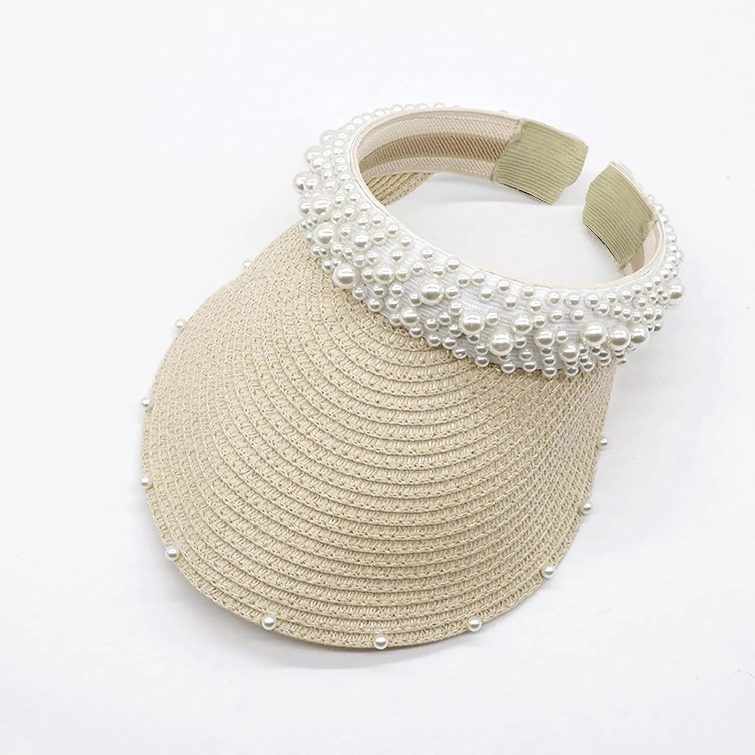 Wide Brim Pearls Stra Sun Hat for Women Foldable Stra Sun Visor Hats Adjustable Summer Beach Hat