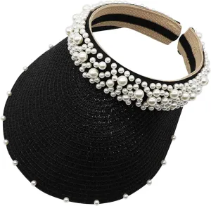 Wide Brim Pearls Stra Sun Hat for Women Foldable Stra Sun Visor Hats Adjustable Summer Beach Hat