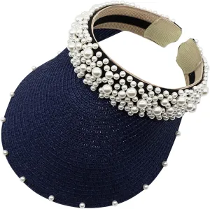 Wide Brim Pearls Stra Sun Hat for Women Foldable Stra Sun Visor Hats Adjustable Summer Beach Hat