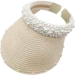 Wide Brim Pearls Stra Sun Hat for Women Foldable Stra Sun Visor Hats Adjustable Summer Beach Hat
