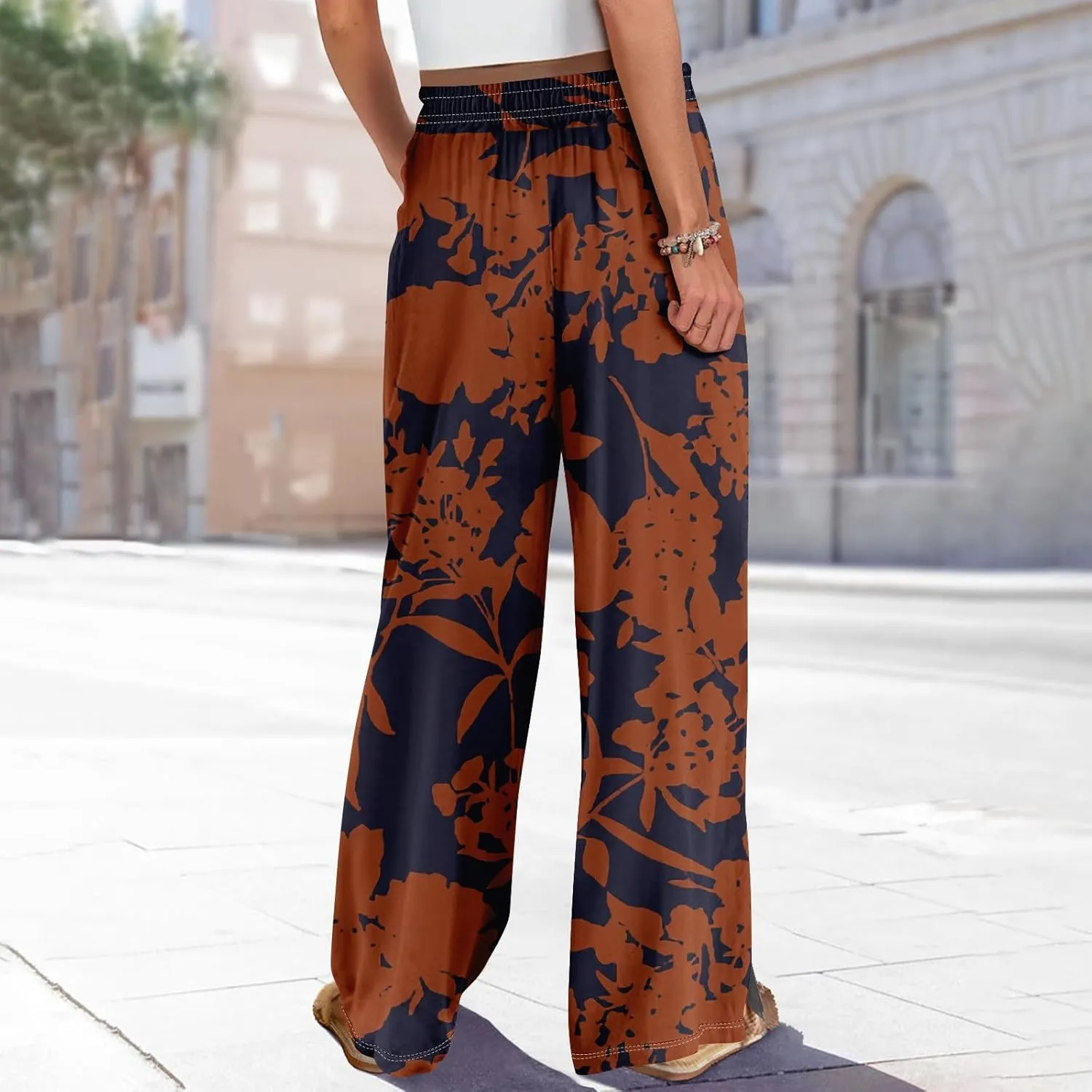 Wide Leg Pants for Women Summer Floral Casual High Waistd Pants Elastic Waist Drawstring Side Slit Pockets Outfits