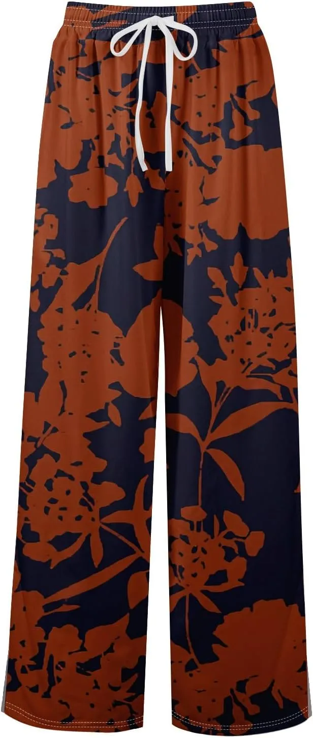 Wide Leg Pants for Women Summer Floral Casual High Waistd Pants Elastic Waist Drawstring Side Slit Pockets Outfits