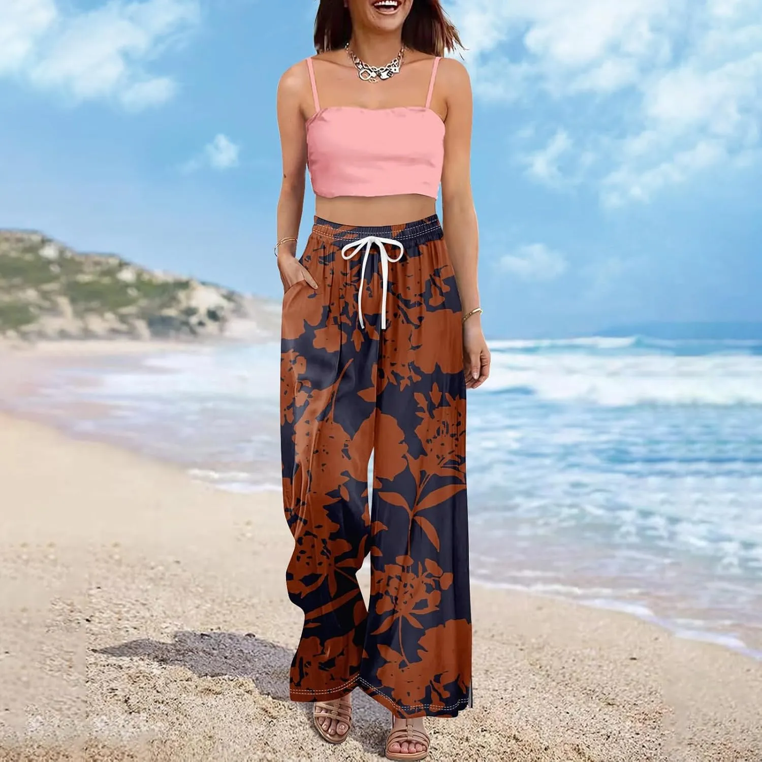 Wide Leg Pants for Women Summer Floral Casual High Waistd Pants Elastic Waist Drawstring Side Slit Pockets Outfits