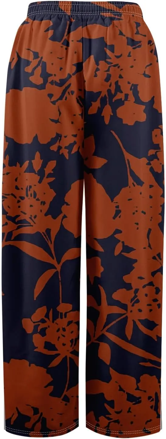 Wide Leg Pants for Women Summer Floral Casual High Waistd Pants Elastic Waist Drawstring Side Slit Pockets Outfits
