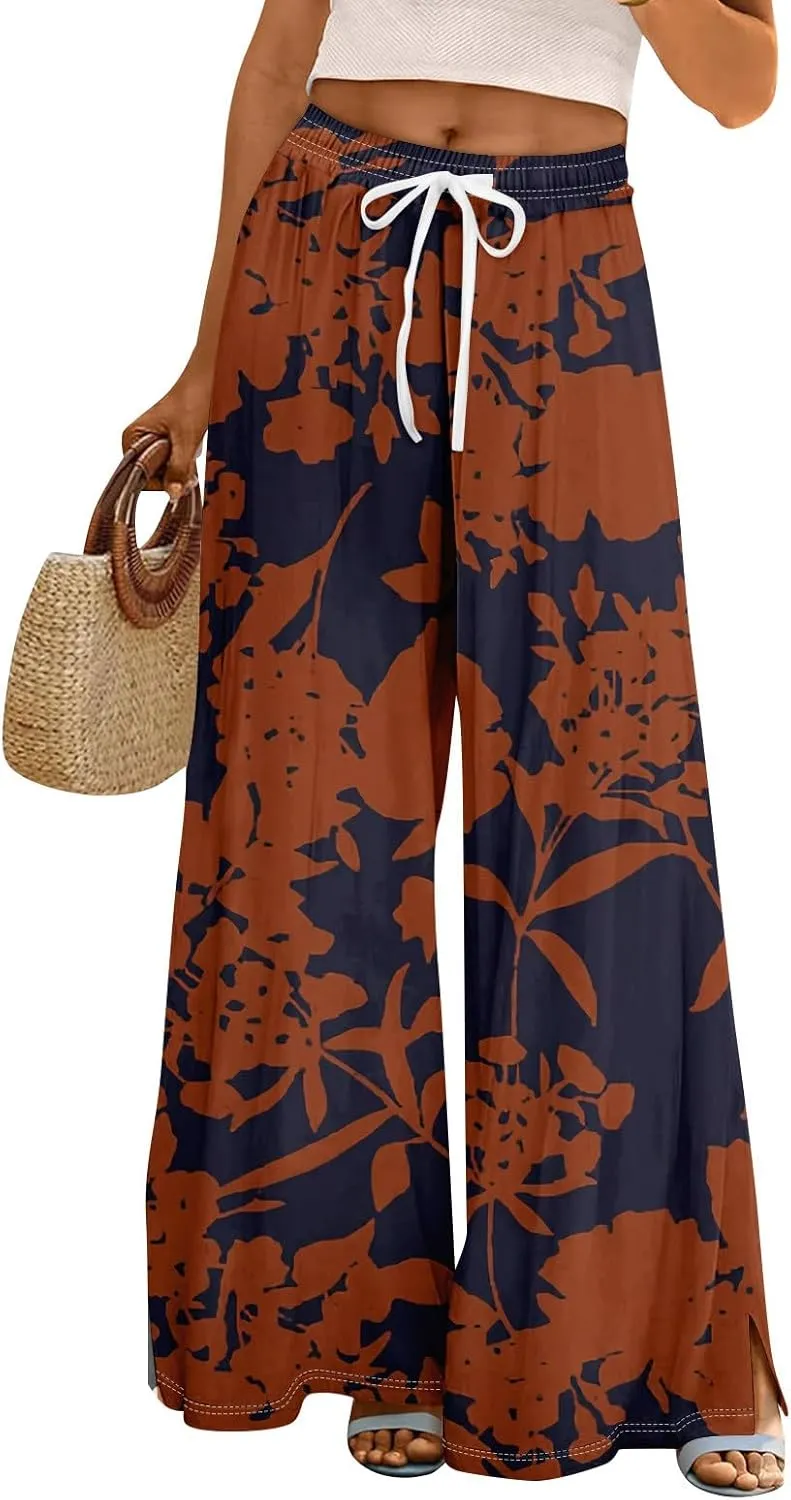 Wide Leg Pants for Women Summer Floral Casual High Waistd Pants Elastic Waist Drawstring Side Slit Pockets Outfits