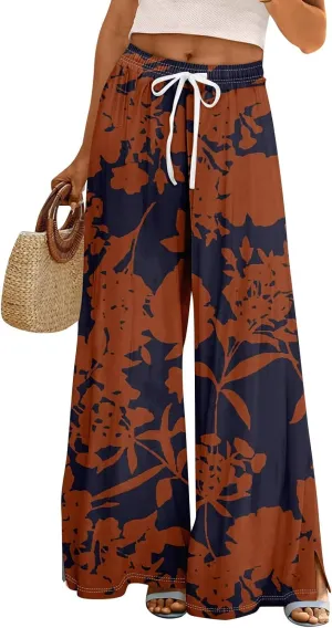 Wide Leg Pants for Women Summer Floral Casual High Waistd Pants Elastic Waist Drawstring Side Slit Pockets Outfits