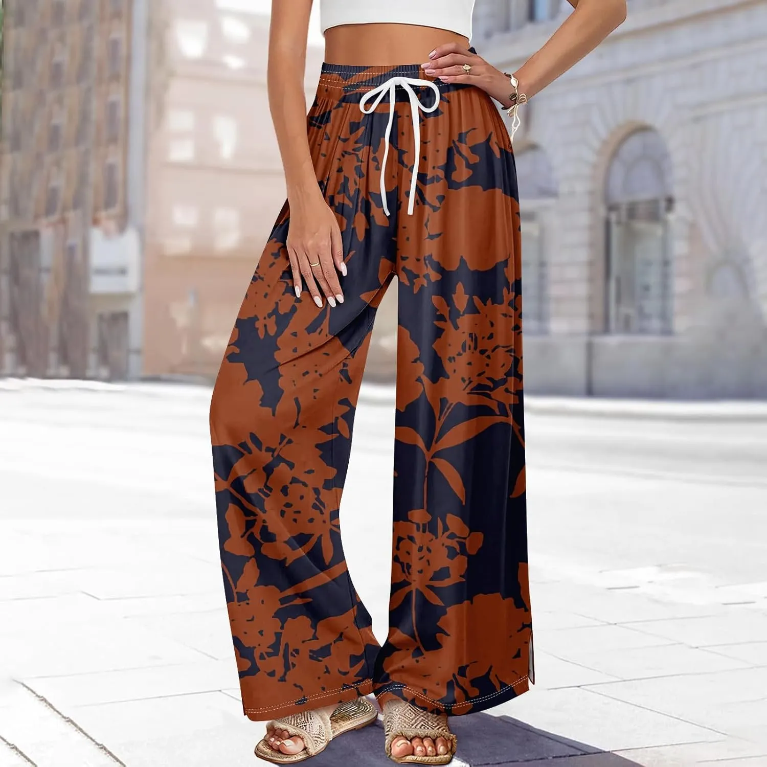 Wide Leg Pants for Women Summer Floral Casual High Waistd Pants Elastic Waist Drawstring Side Slit Pockets Outfits
