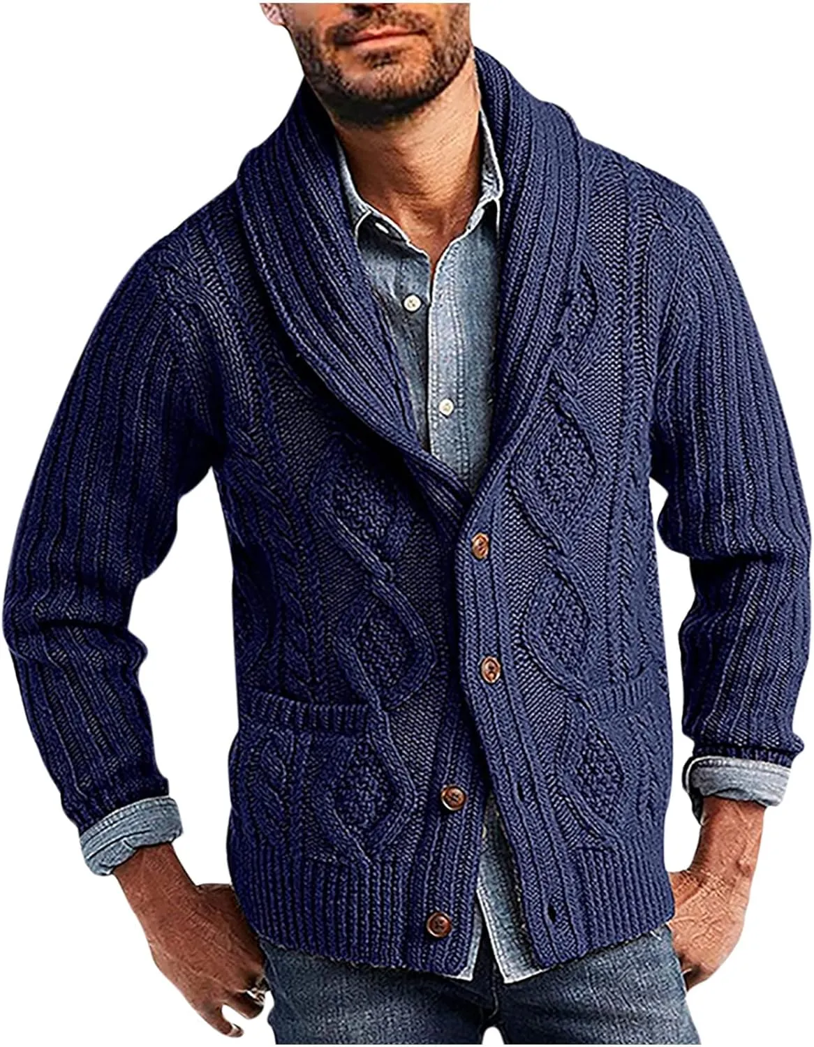 Winter Cardigan for Men Lightweight Button Down Sweaters V Neck Cable Knit Cardigan Casual Sweater with Pockets