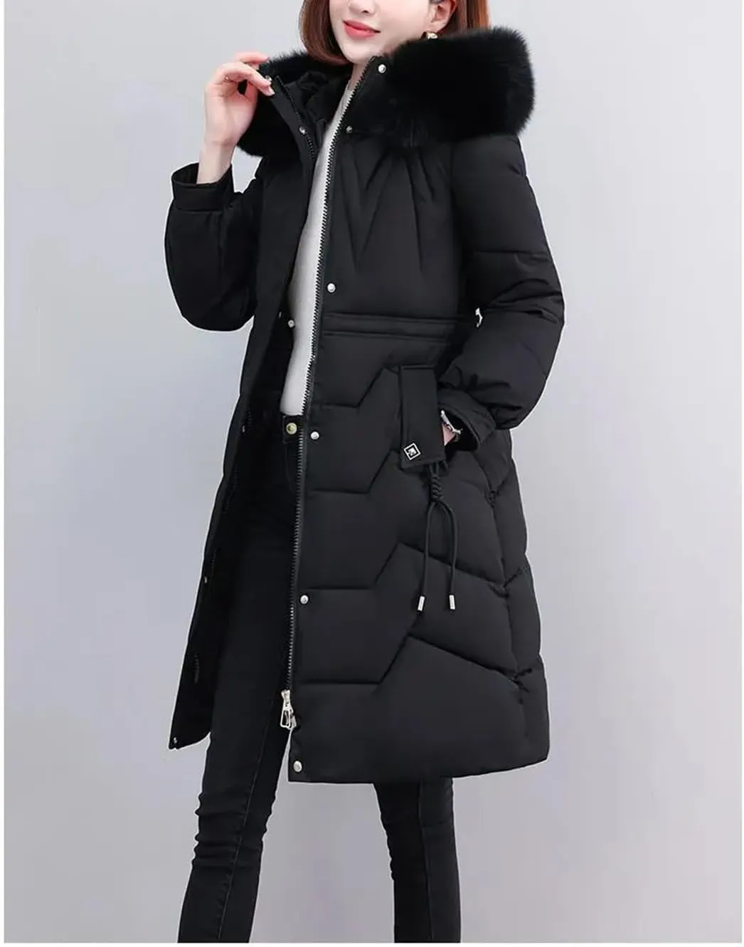 Winter Down Cotton Coat Women Long Warm Padded Puffer Jacket Fur Collar Hooded Cotton-Padded Parkas Overcoat