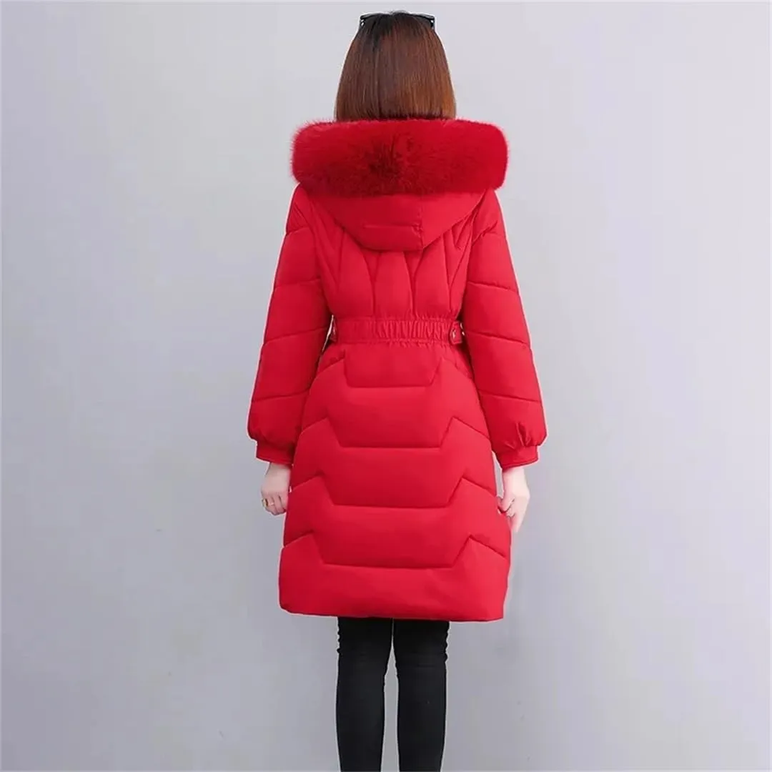 Winter Down Cotton Coat Women Long Warm Padded Puffer Jacket Fur Collar Hooded Cotton-Padded Parkas Overcoat