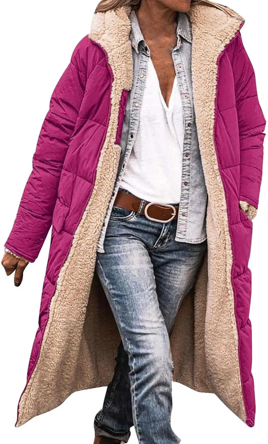 Winter Fleece Jacket for Women Faux Fur Removable Hood Puffer Parka Jacket Winter Long Thick Coats