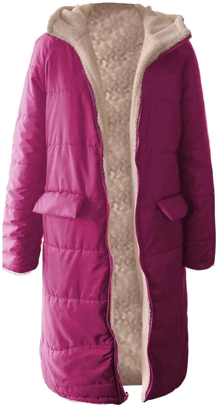 Winter Fleece Jacket for Women Faux Fur Removable Hood Puffer Parka Jacket Winter Long Thick Coats