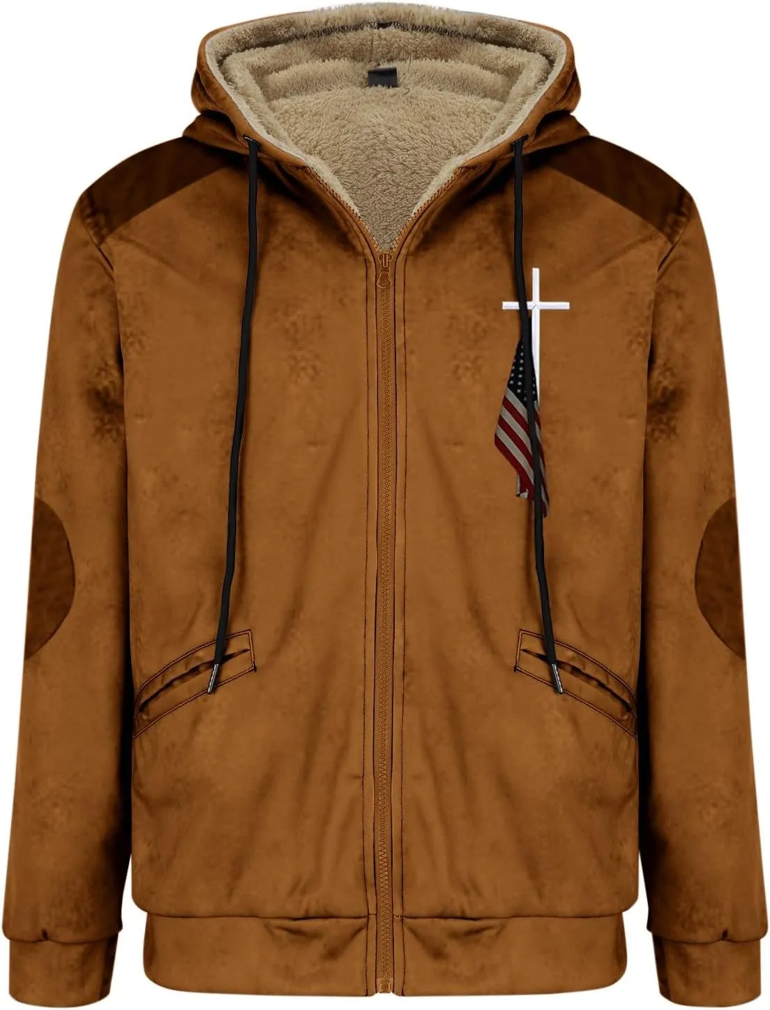 Winter Jacket Men 3D Printed Flag Hooded Brown Zipper Personalized Patch Casual Cotton Jacket Padded Thicken Parka