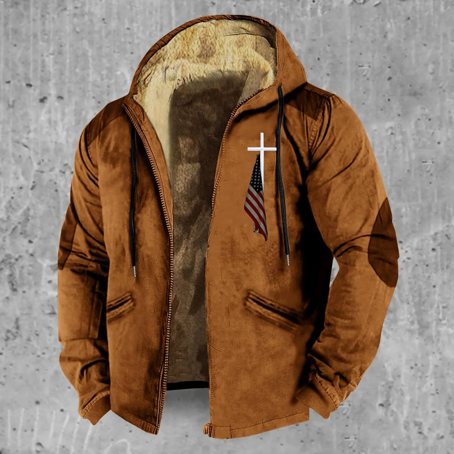 Winter Jacket Men 3D Printed Flag Hooded Brown Zipper Personalized Patch Casual Cotton Jacket Padded Thicken Parka
