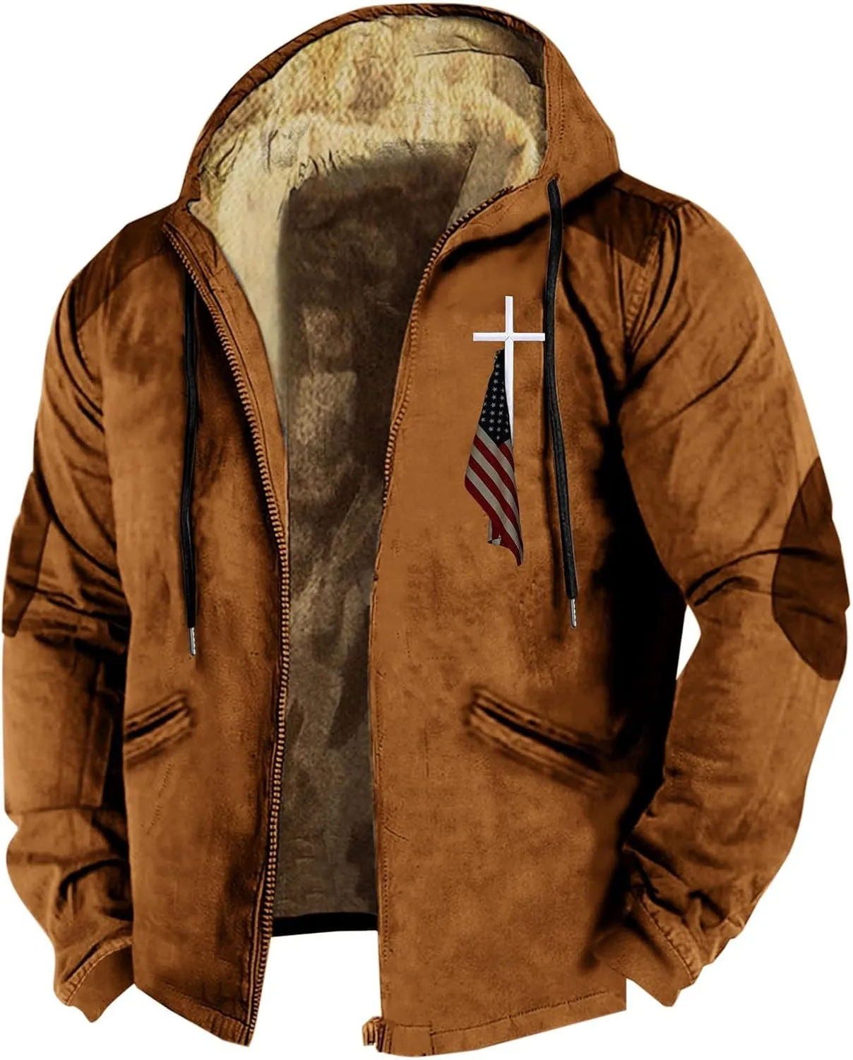 Winter Jacket Men 3D Printed Flag Hooded Brown Zipper Personalized Patch Casual Cotton Jacket Padded Thicken Parka