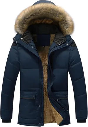 Winter Jacket Men Faux Fur Hooded Jacket Sherpa Lined Warm Coat Puffer Padded Jacket Zipper Outdoor Outwear Thicken