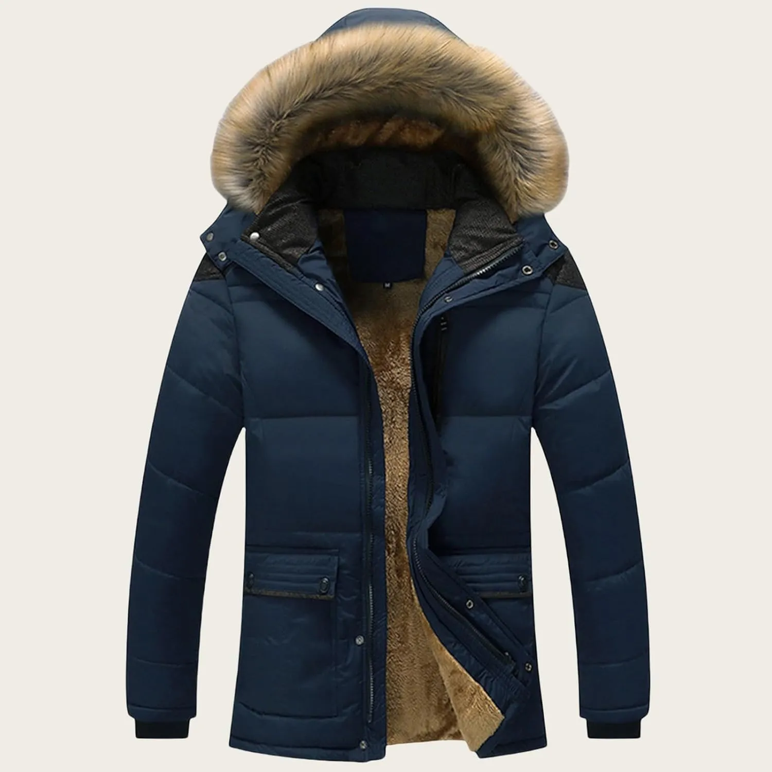 Winter Jacket Men Faux Fur Hooded Jacket Sherpa Lined Warm Coat Puffer Padded Jacket Zipper Outdoor Outwear Thicken