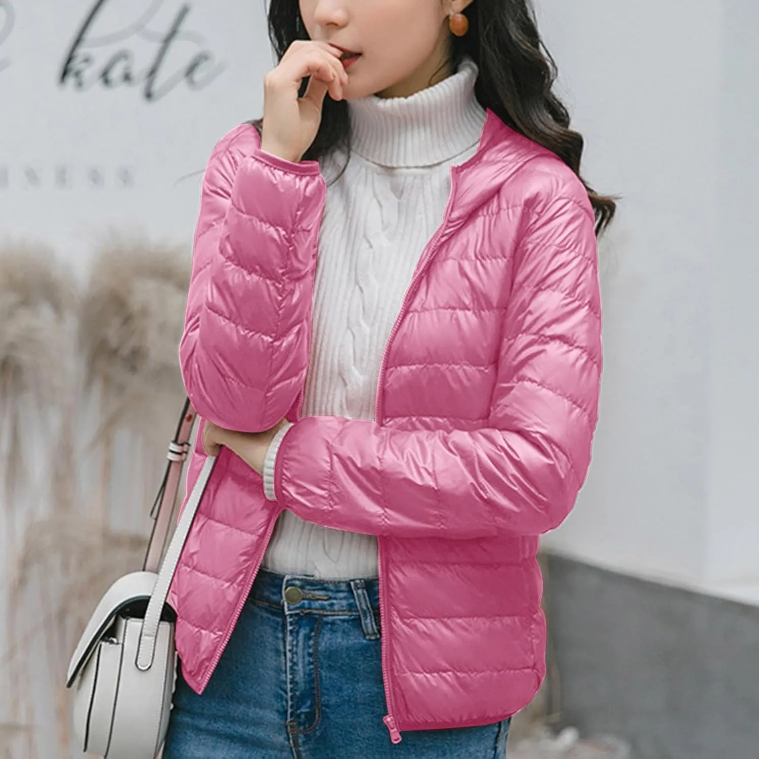Winter Jacket Women Quilted Stand Collar Lightweight Puffer Coat Solid Zipper Padded Packable Down Jacket With Hood