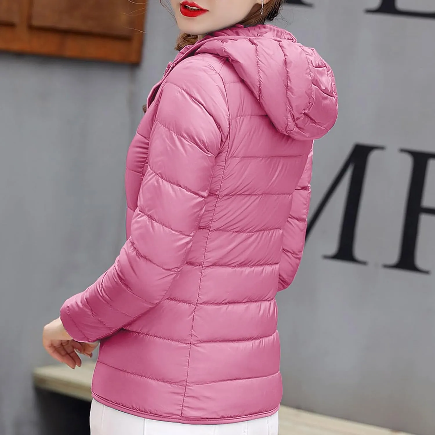 Winter Jacket Women Quilted Stand Collar Lightweight Puffer Coat Solid Zipper Padded Packable Down Jacket With Hood