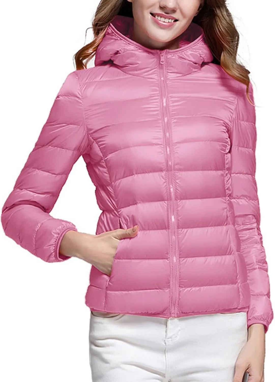 Winter Jacket Women Quilted Stand Collar Lightweight Puffer Coat Solid Zipper Padded Packable Down Jacket With Hood