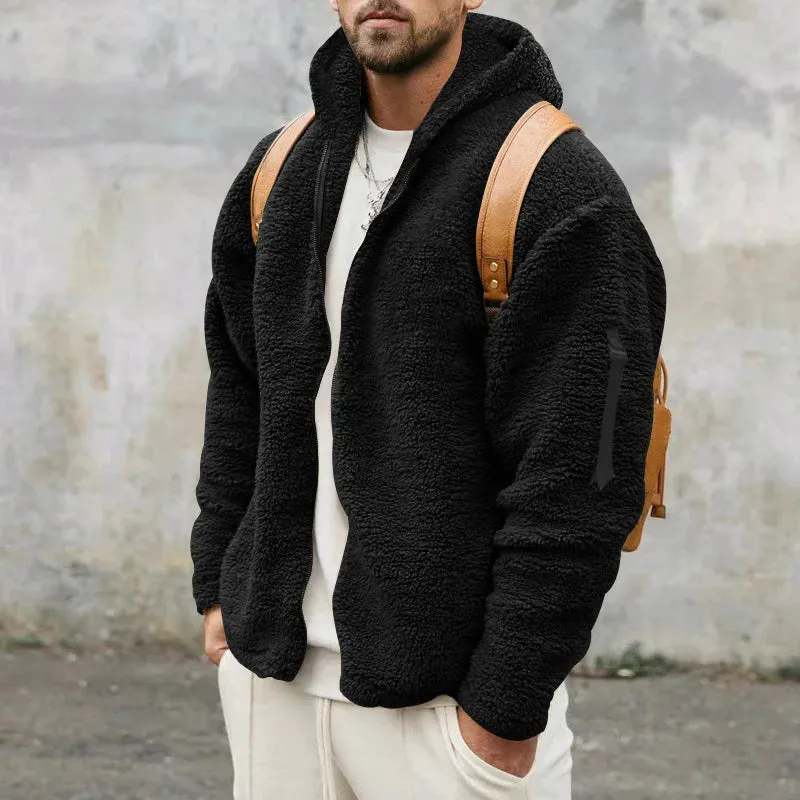 Winter Men Fluffy Fleece Thick Warm Coat Jacket Long Sleeve Hooded Coat Plush Buttons Closure Thicken Warm Men Coat Outerwear