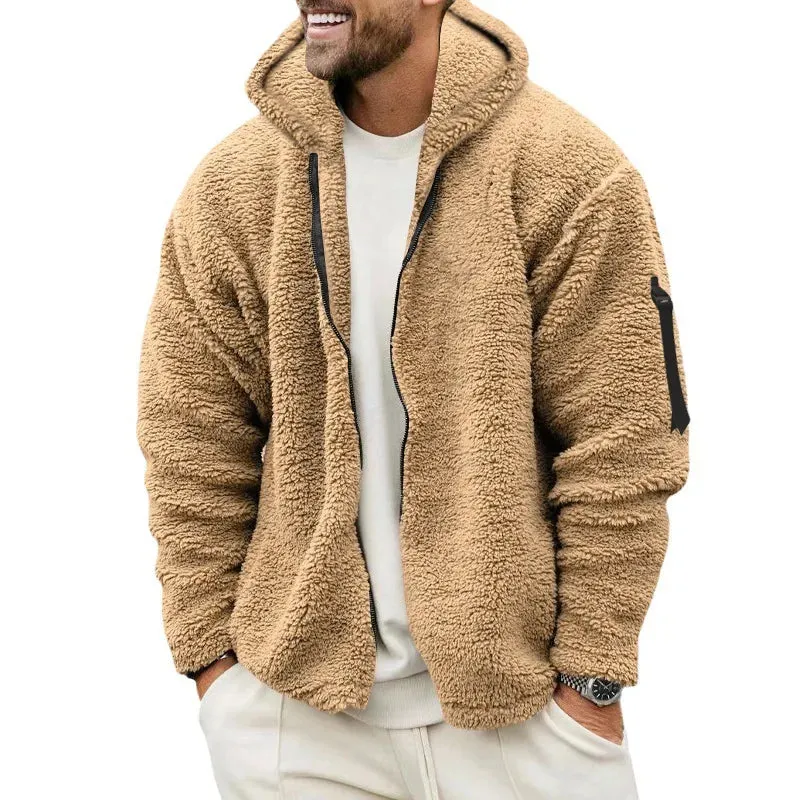 Winter Men Fluffy Fleece Thick Warm Coat Jacket Long Sleeve Hooded Coat Plush Buttons Closure Thicken Warm Men Coat Outerwear