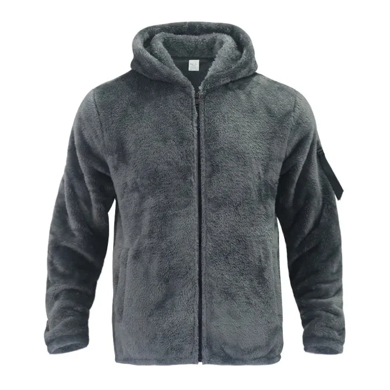Winter Men Fluffy Fleece Thick Warm Coat Jacket Long Sleeve Hooded Coat Plush Buttons Closure Thicken Warm Men Coat Outerwear