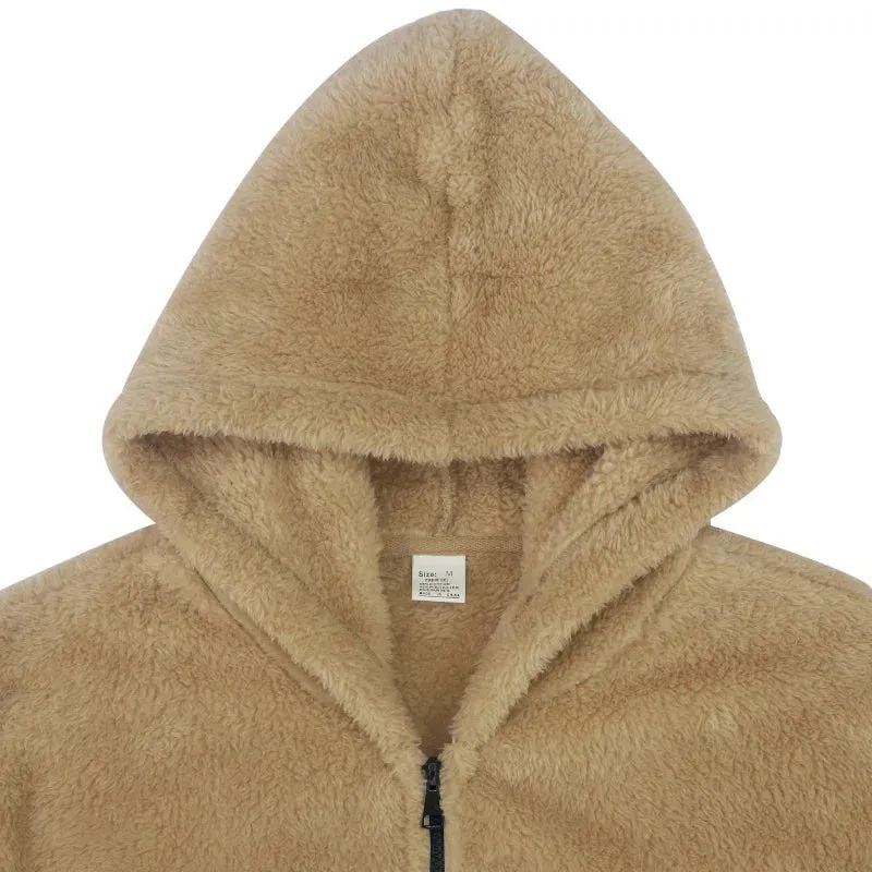 Winter Men Fluffy Fleece Thick Warm Coat Jacket Long Sleeve Hooded Coat Plush Buttons Closure Thicken Warm Men Coat Outerwear