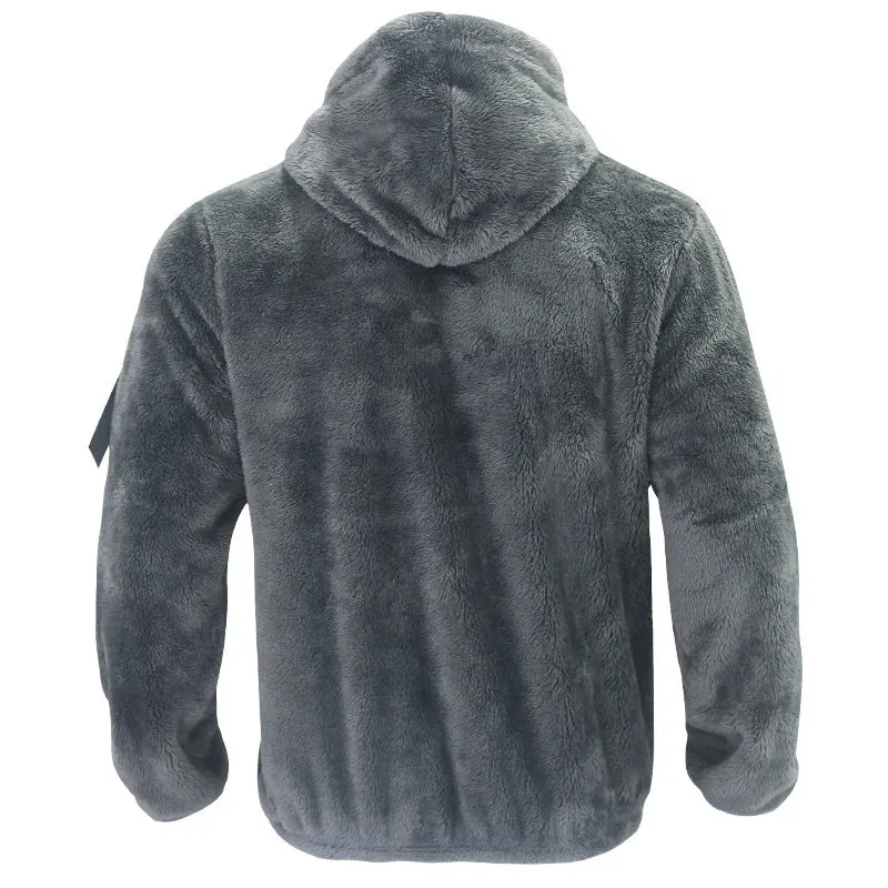 Winter Men Fluffy Fleece Thick Warm Coat Jacket Long Sleeve Hooded Coat Plush Buttons Closure Thicken Warm Men Coat Outerwear