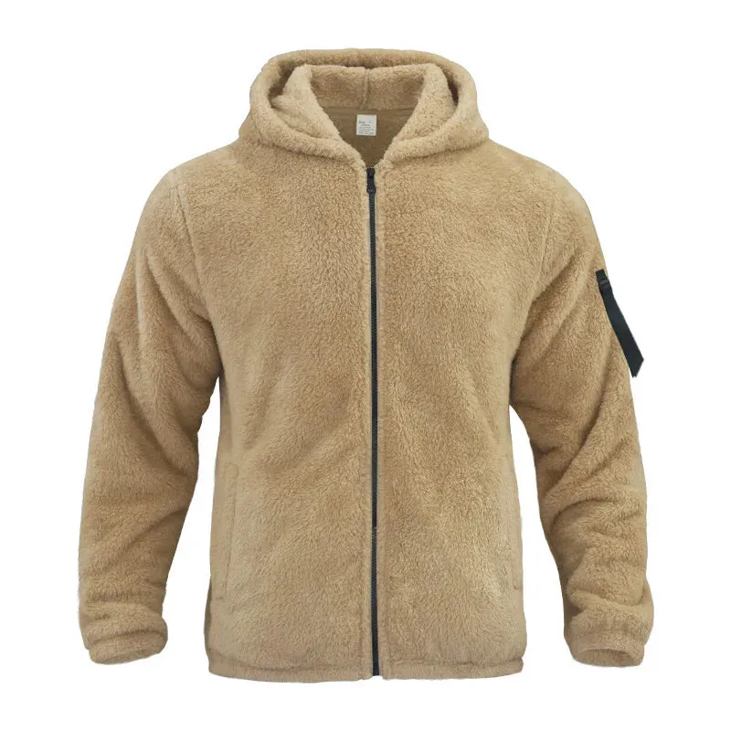 Winter Men Fluffy Fleece Thick Warm Coat Jacket Long Sleeve Hooded Coat Plush Buttons Closure Thicken Warm Men Coat Outerwear