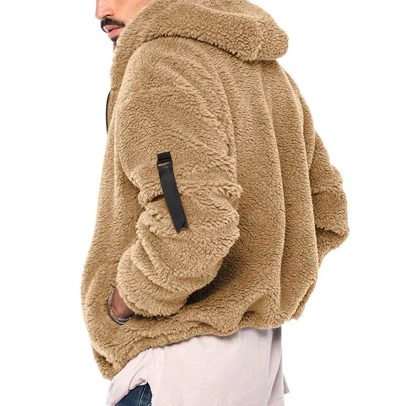 Winter Men Fluffy Fleece Thick Warm Coat Jacket Long Sleeve Hooded Coat Plush Buttons Closure Thicken Warm Men Coat Outerwear