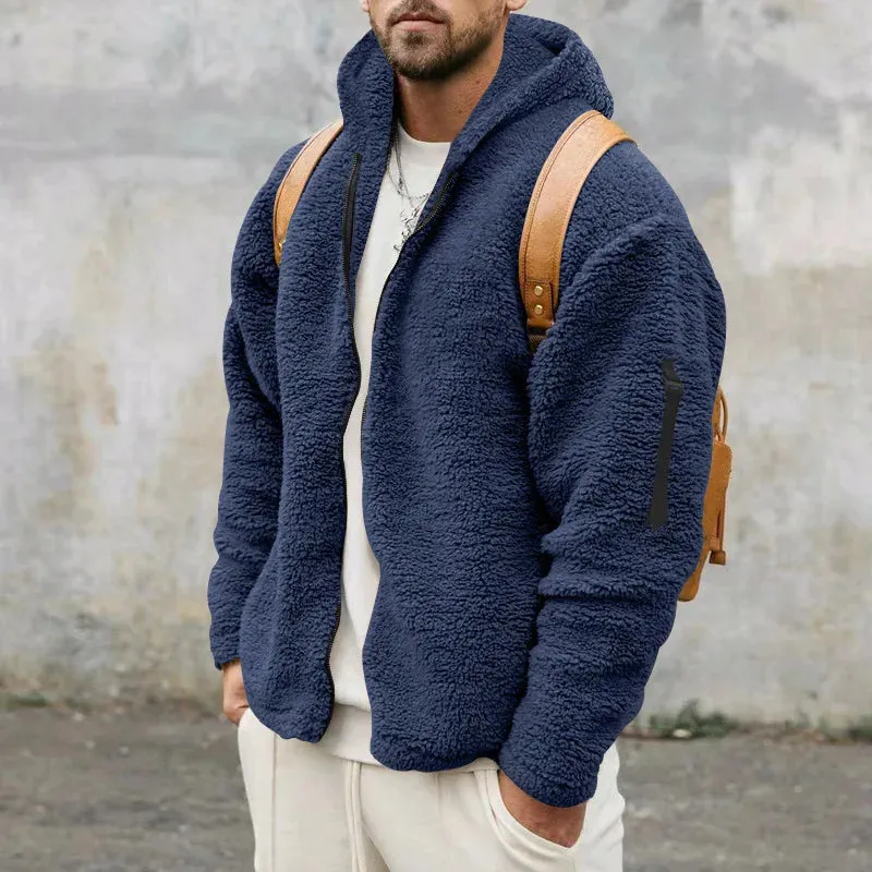 Winter Men Fluffy Fleece Thick Warm Coat Jacket Long Sleeve Hooded Coat Plush Buttons Closure Thicken Warm Men Coat Outerwear