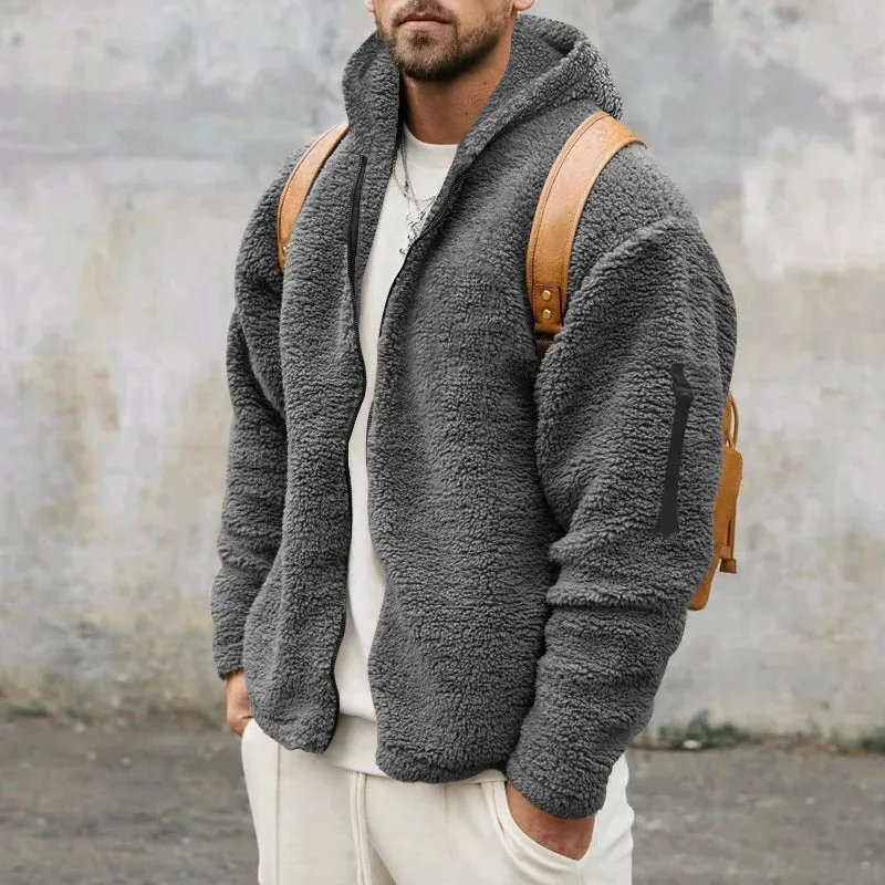 Winter Men Fluffy Fleece Thick Warm Coat Jacket Long Sleeve Hooded Coat Plush Buttons Closure Thicken Warm Men Coat Outerwear