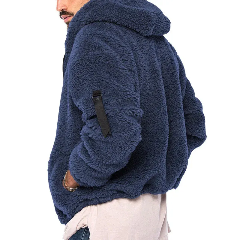 Winter Men Fluffy Fleece Thick Warm Coat Jacket Long Sleeve Hooded Coat Plush Buttons Closure Thicken Warm Men Coat Outerwear