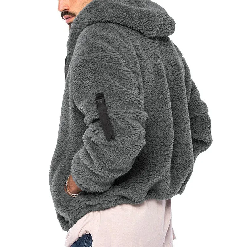 Winter Men Fluffy Fleece Thick Warm Coat Jacket Long Sleeve Hooded Coat Plush Buttons Closure Thicken Warm Men Coat Outerwear