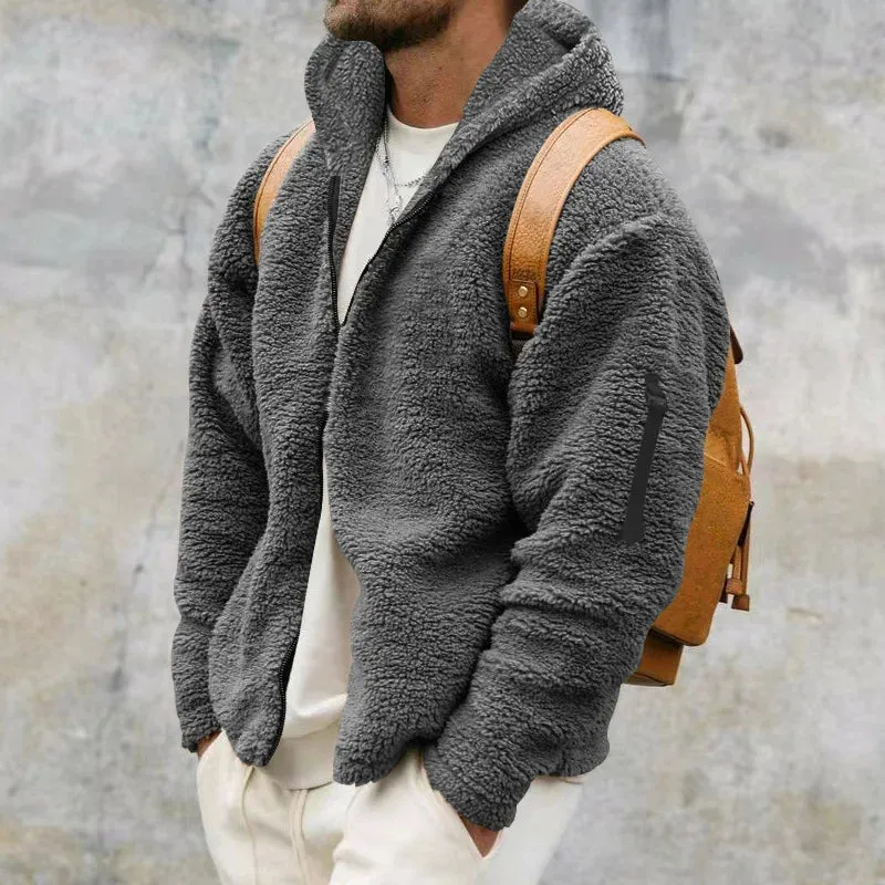 Winter Men Fluffy Fleece Thick Warm Coat Jacket Long Sleeve Hooded Coat Plush Buttons Closure Thicken Warm Men Coat Outerwear