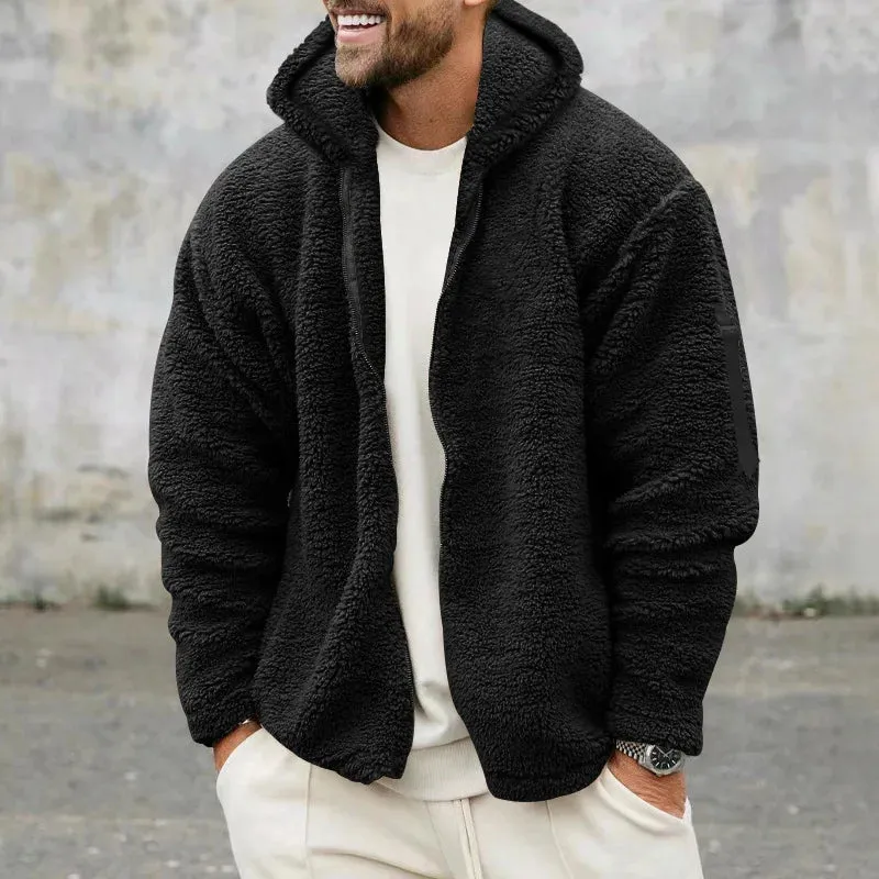 Winter Men Fluffy Fleece Thick Warm Coat Jacket Long Sleeve Hooded Coat Plush Buttons Closure Thicken Warm Men Coat Outerwear