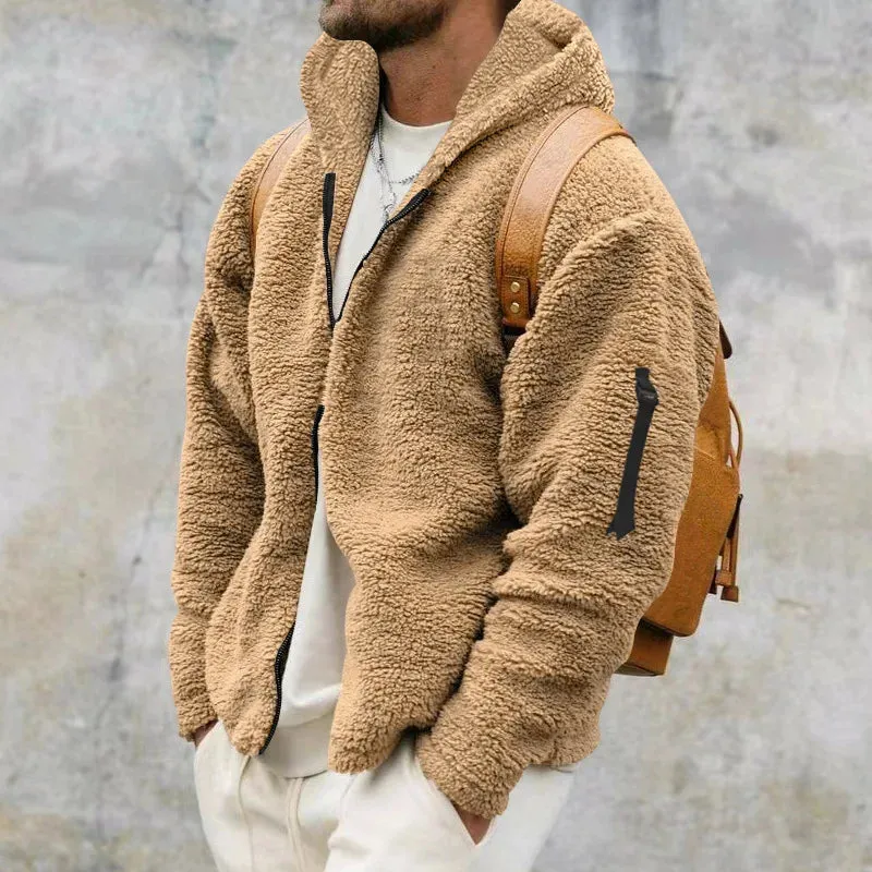 Winter Men Fluffy Fleece Thick Warm Coat Jacket Long Sleeve Hooded Coat Plush Buttons Closure Thicken Warm Men Coat Outerwear