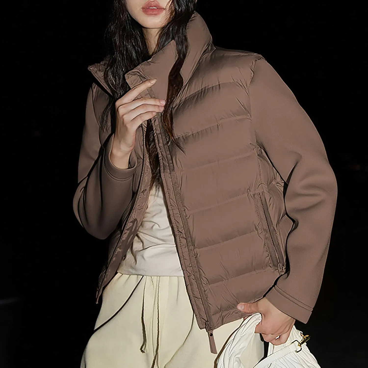 Winter Quilted Jackets Womens Cropped Puffer Jacket Lightweight Zip Up Pockets Down Jackets Warm Padded Winter Coats