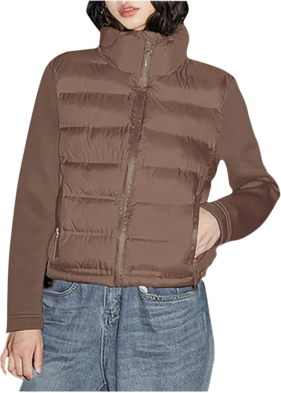 Winter Quilted Jackets Womens Cropped Puffer Jacket Lightweight Zip Up Pockets Down Jackets Warm Padded Winter Coats